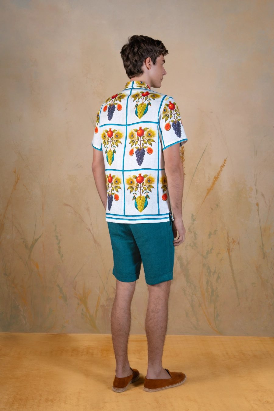 Men's Origo linen bowling shirt white - espalda