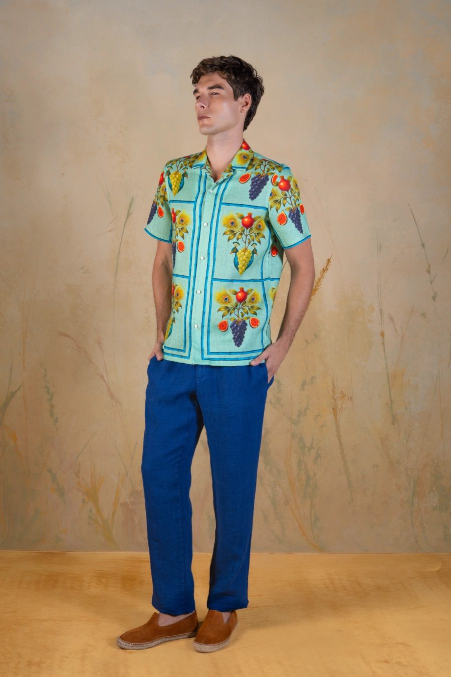 Men's Origo linen bowling shirt green - lateral