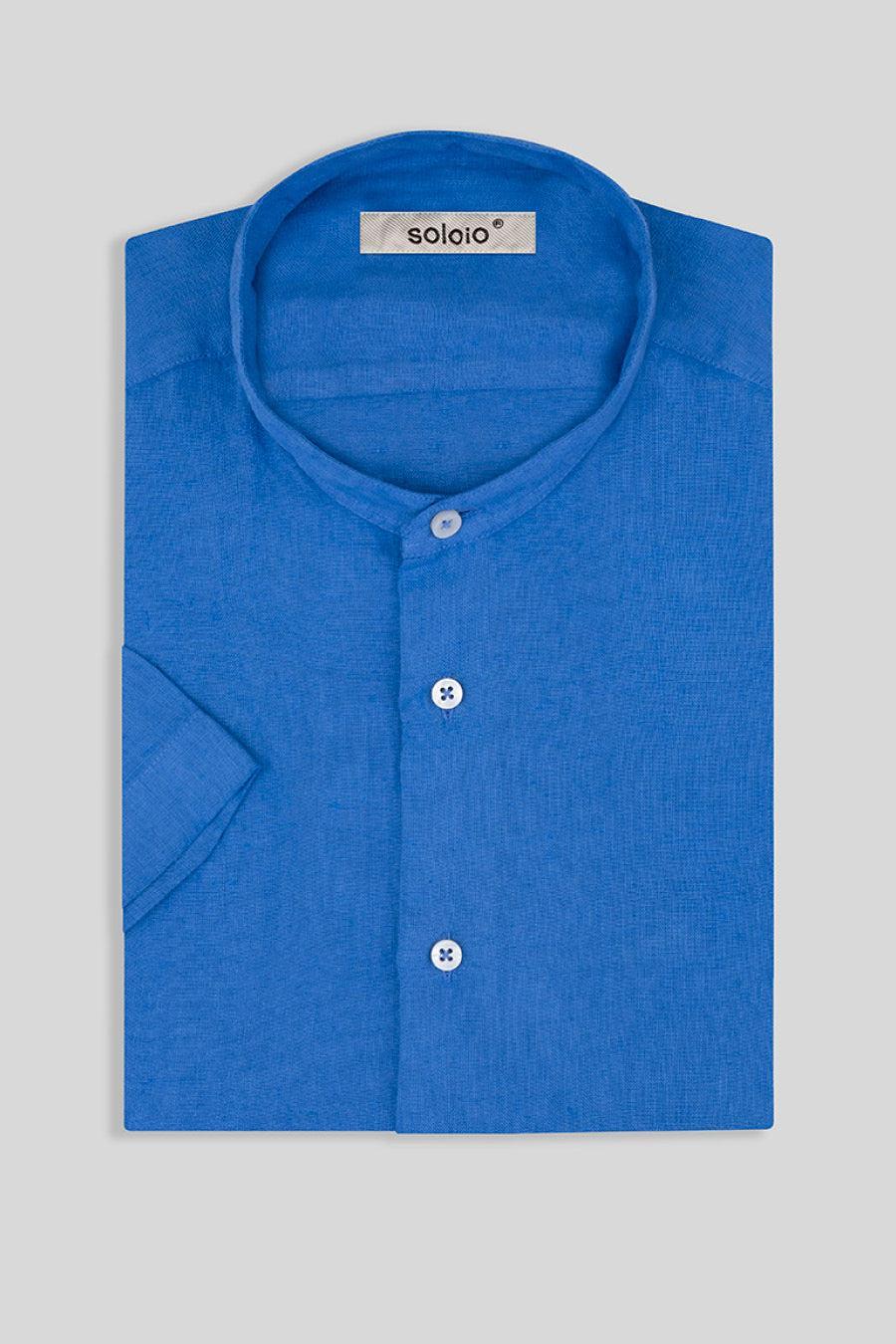 basic linen shirt mao collar blue intense - soloio