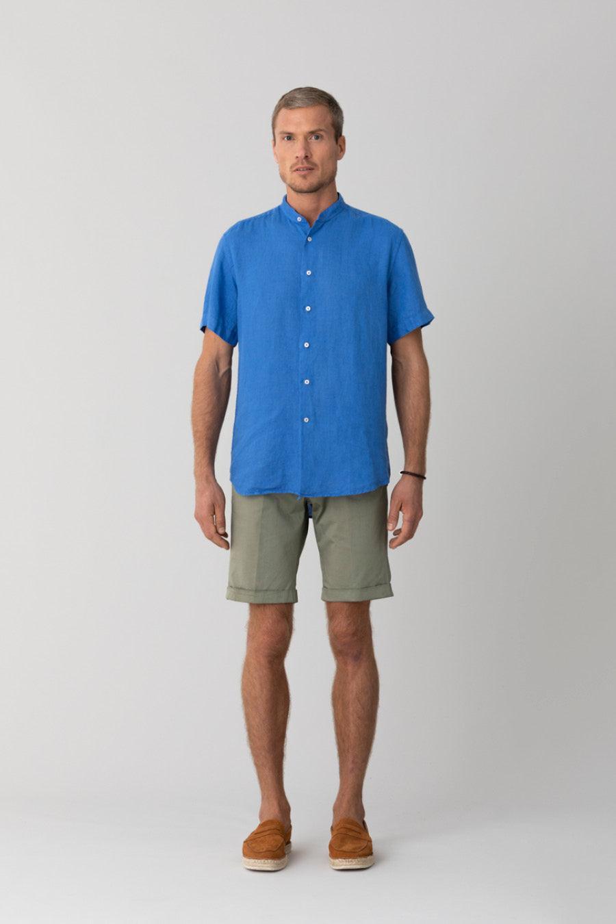 basic linen shirt mao collar blue intense - soloio