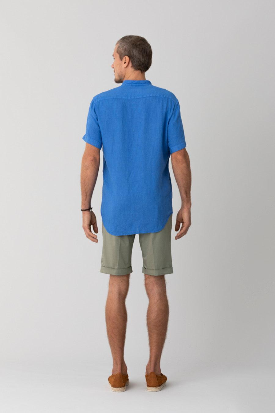 basic linen shirt mao collar blue intense - soloio
