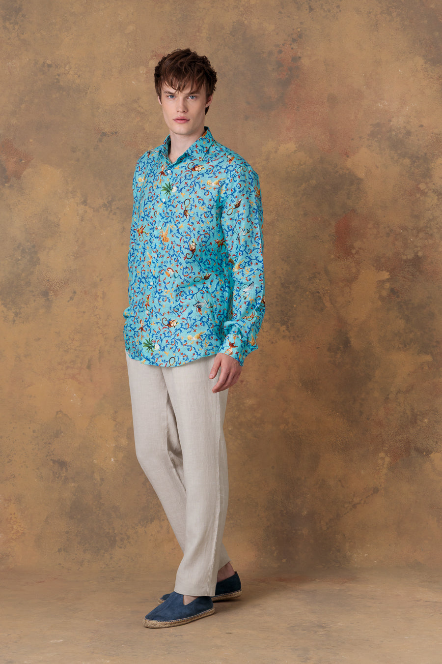 Camisa de lino para hombre delphos turquesa