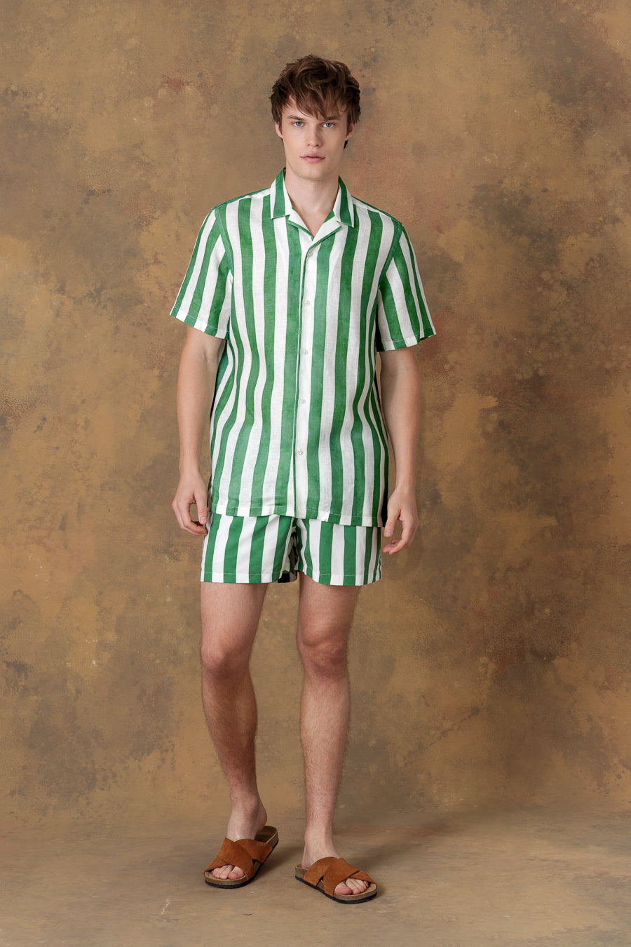 Camisa de lino bowling rayas verdes para hombre spina