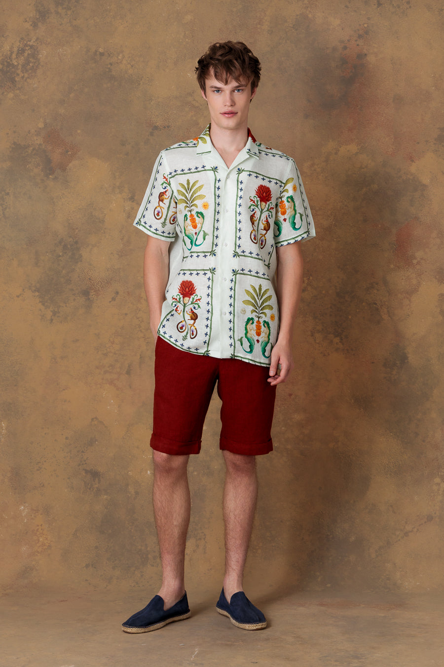 Camisa de lino bowling verde para hombre silvan