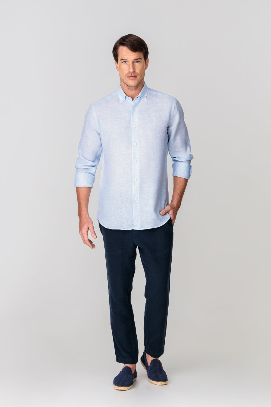 men’s linen shirt mini stripes blue