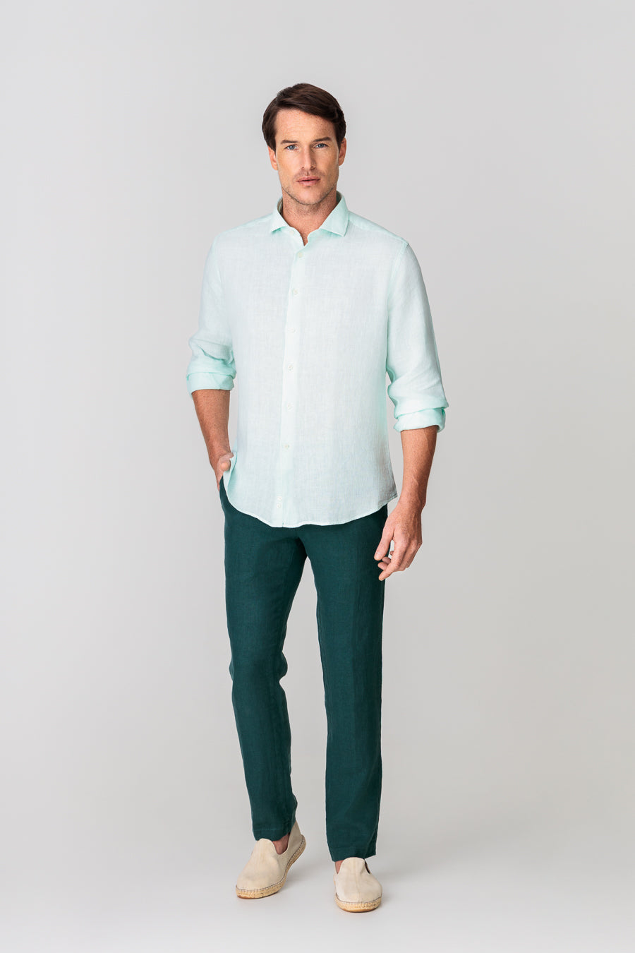 camisa de lino para hombre turquesa claro