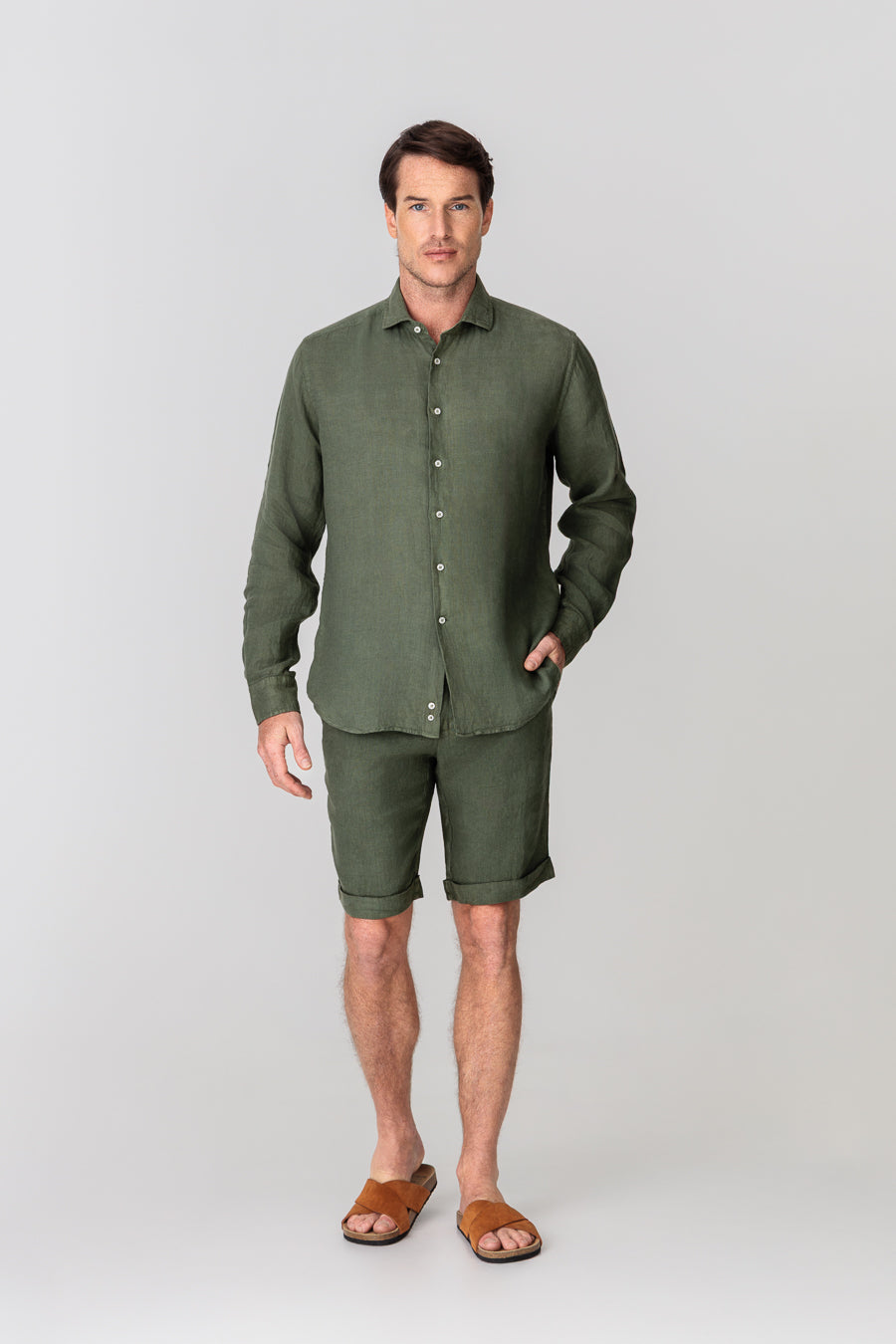 men’s linen shirt military green basic