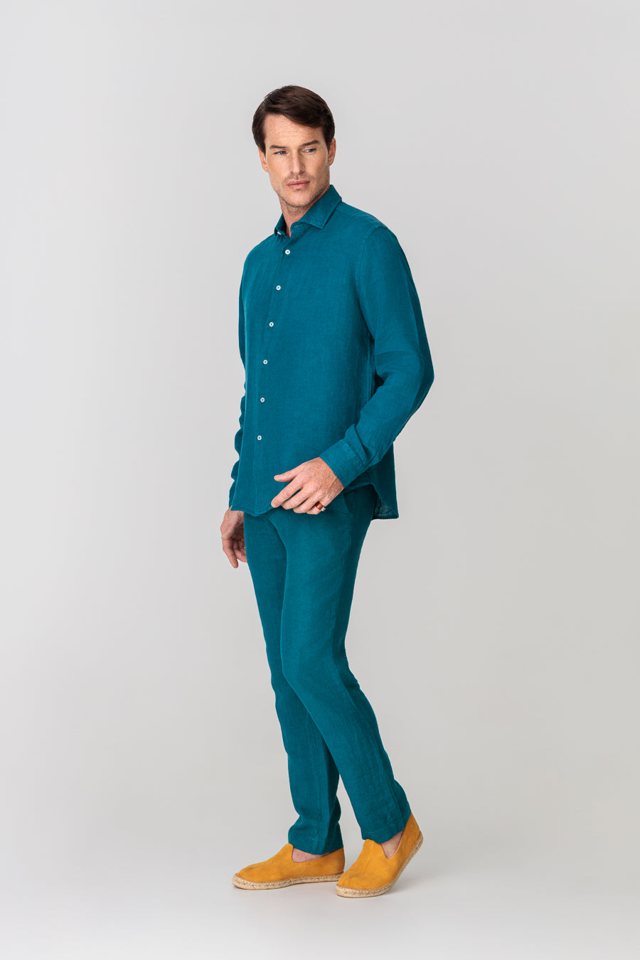 men’s linen shirt petrol blue basic