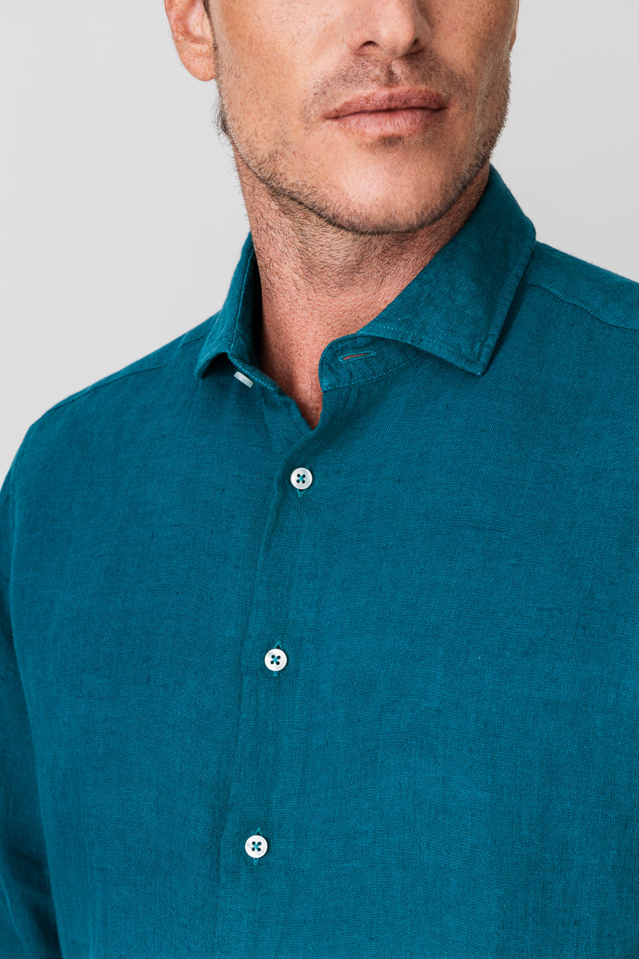 men’s linen shirt petrol blue basic