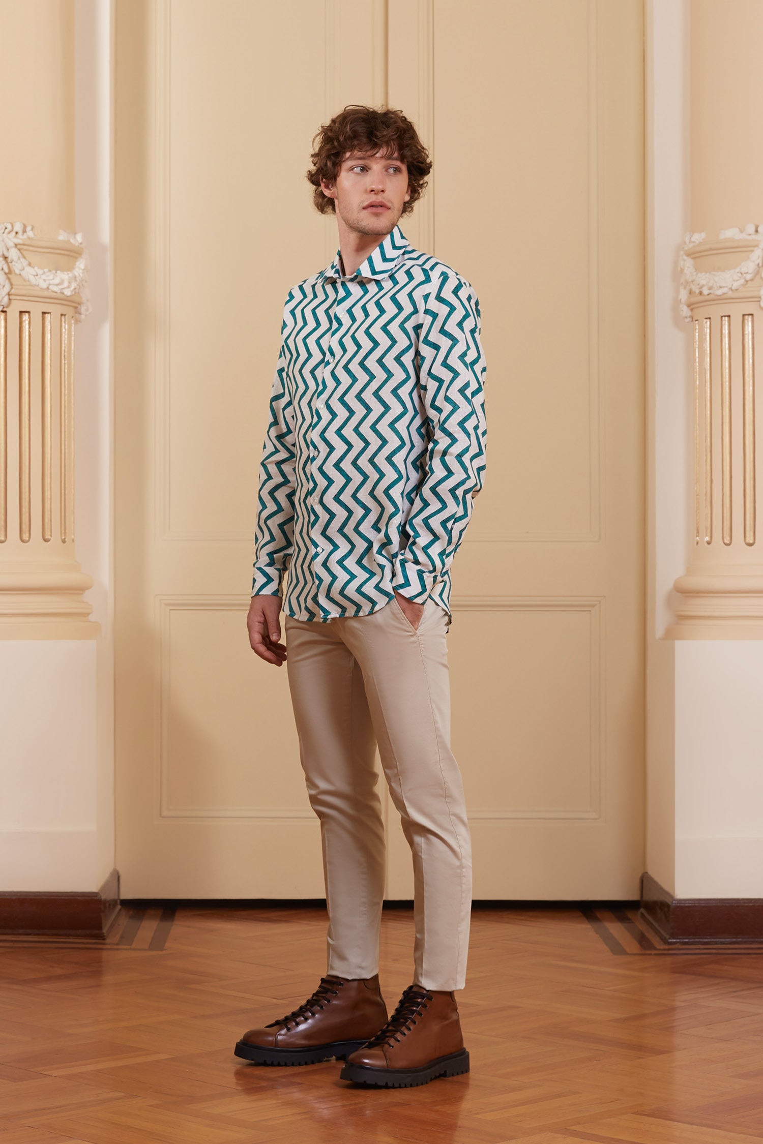camisa de lino zigzag verde