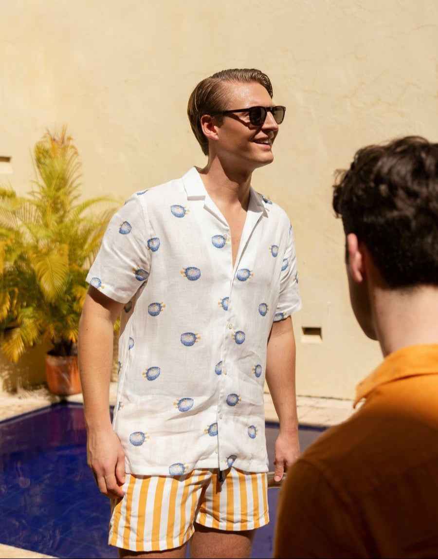 Men's linen shirt with separate pufferfish blue