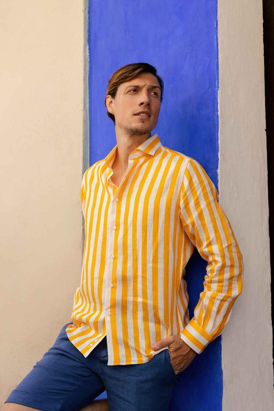 Men's linen shirt yellow striped