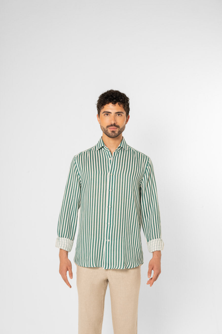 green linen shirt with thin stripes