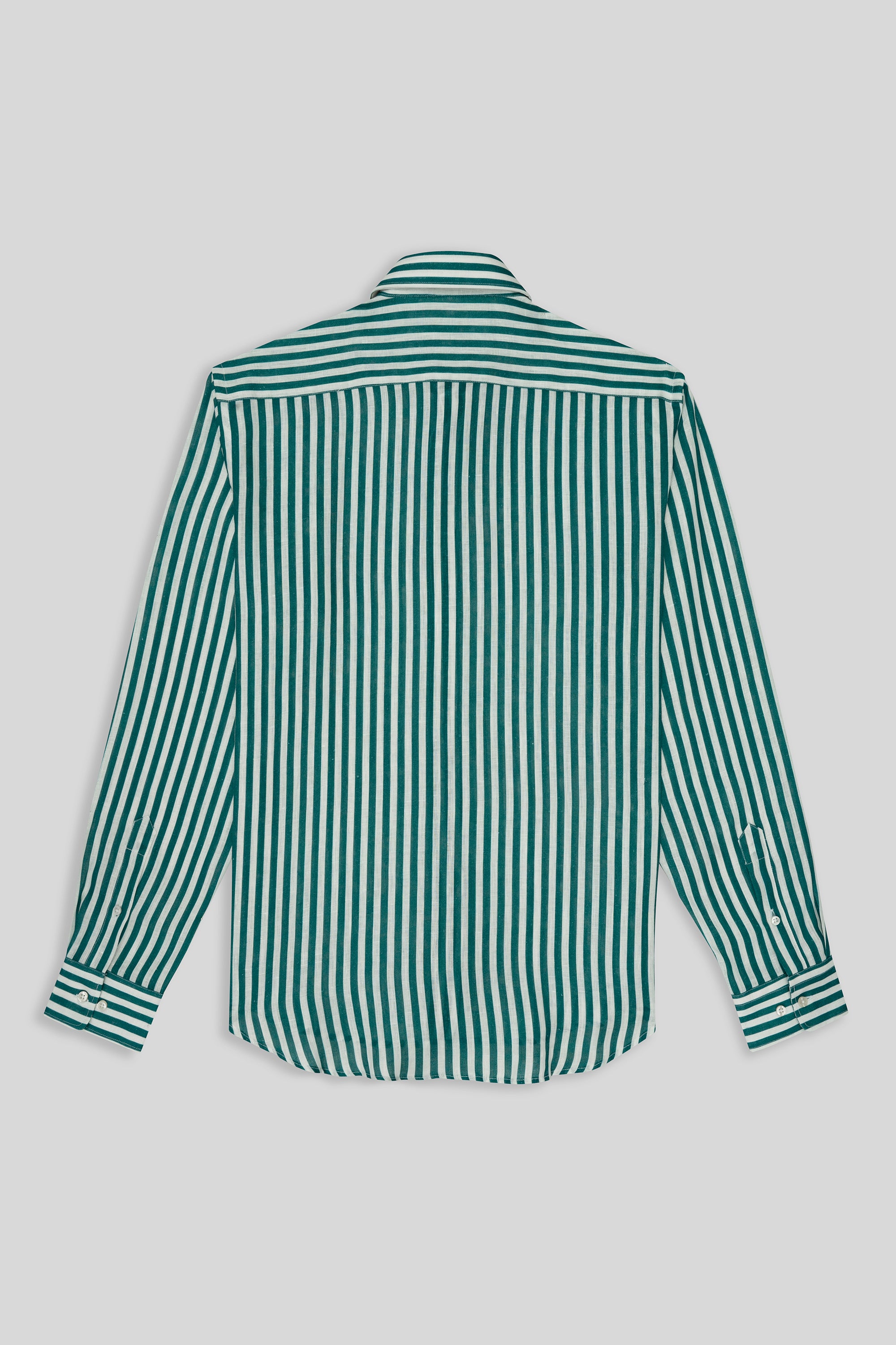 green linen shirt with thin stripes