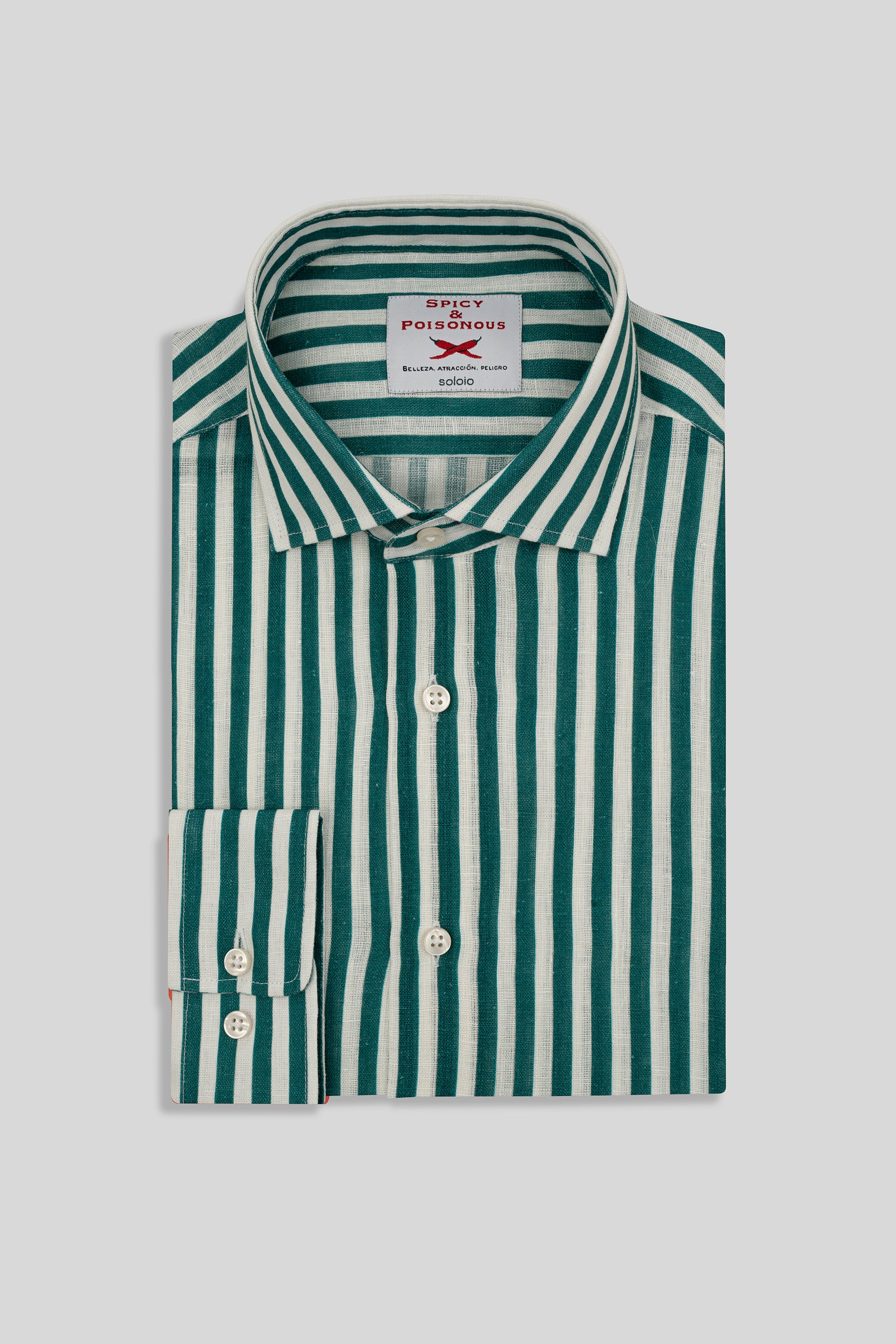 green linen shirt with thin stripes