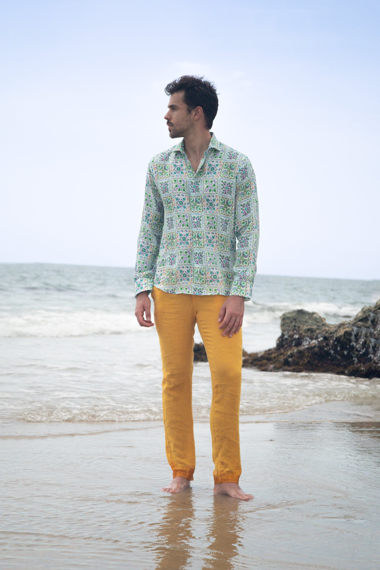 camisa de lino para hombre verde suzani