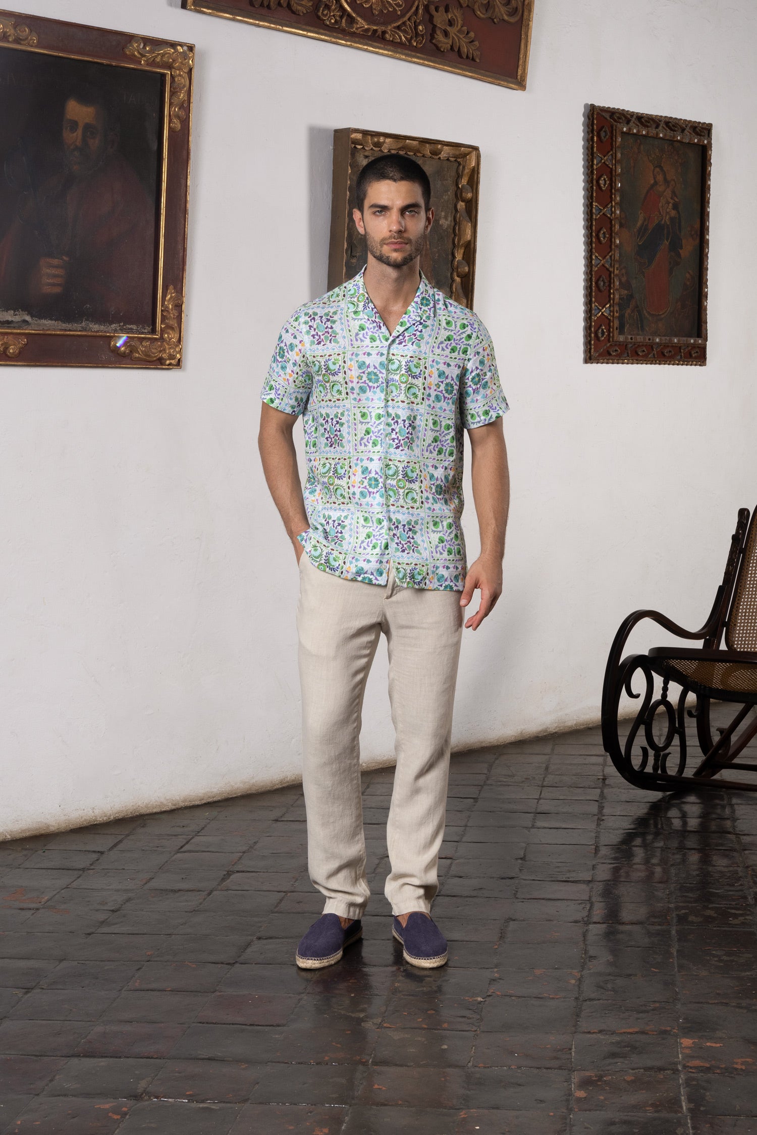 camisa de lino para hombre verde suzani