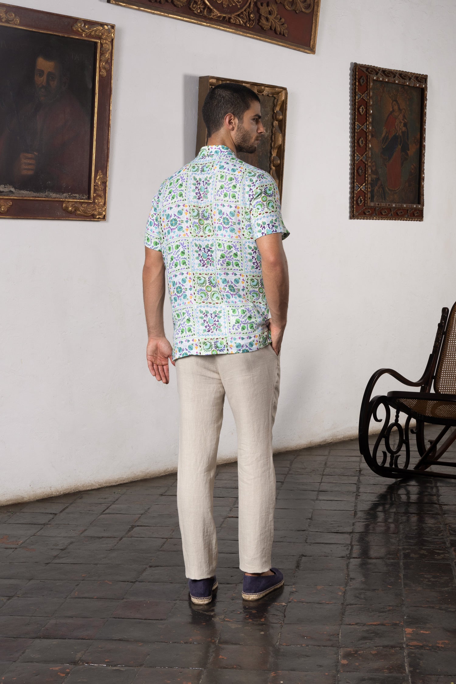 camisa de lino para hombre verde suzani
