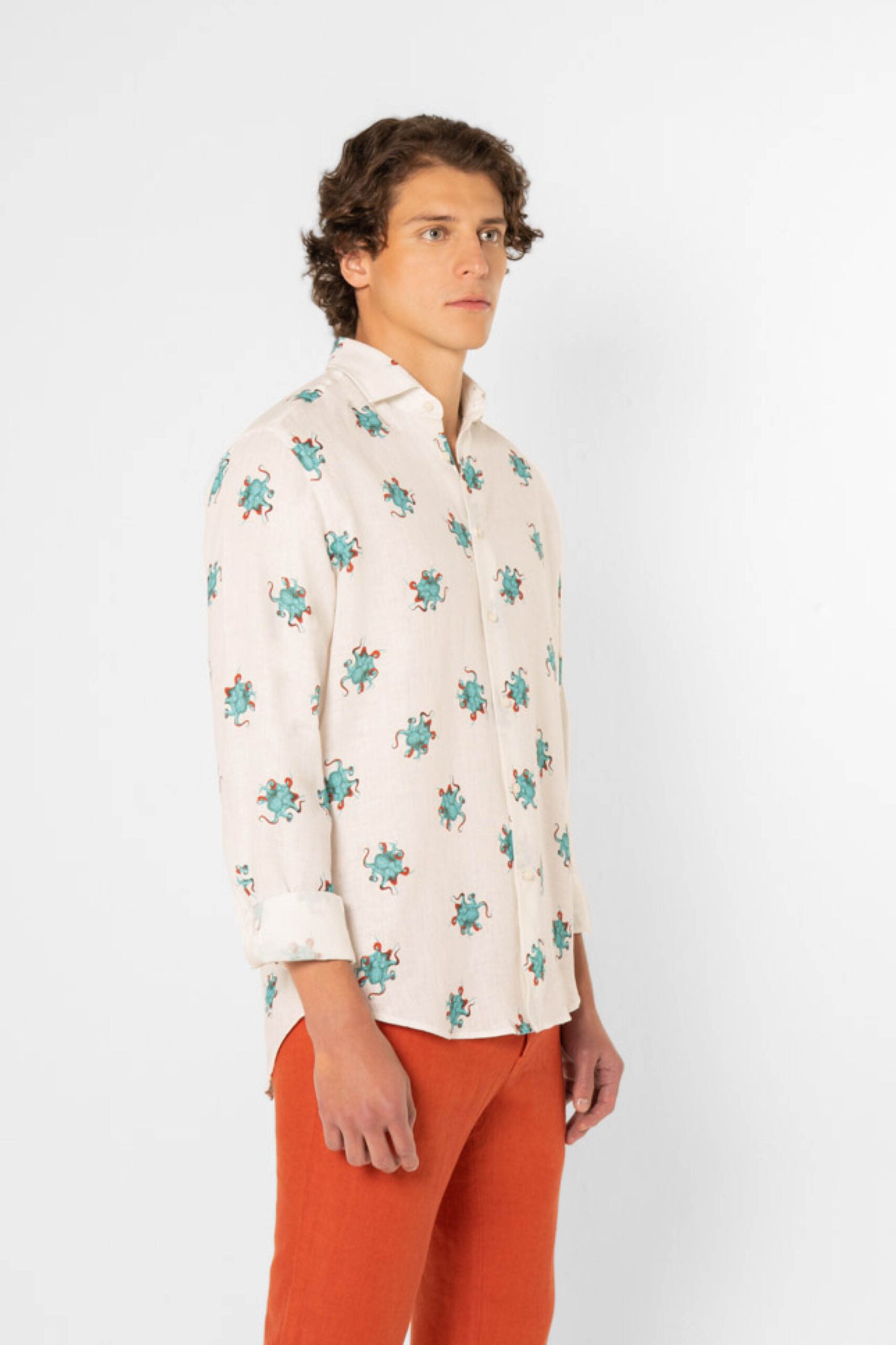 linen octopus shirt turquoise - soloio