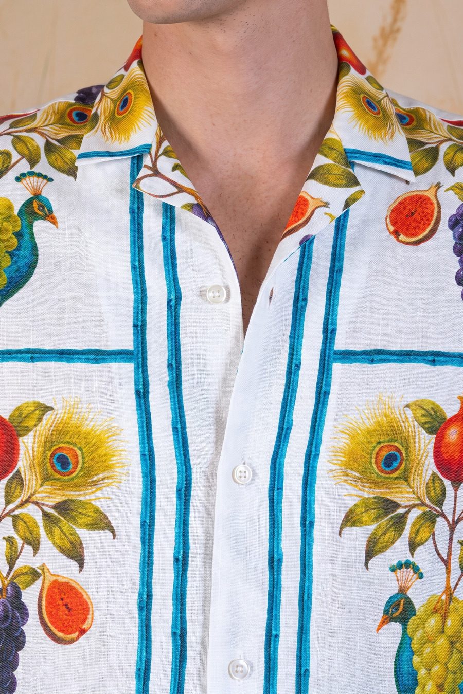 Men's Origo linen bowling shirt white - Detalle 1