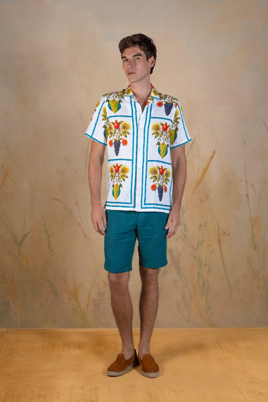 Men's Origo linen bowling shirt white - frente