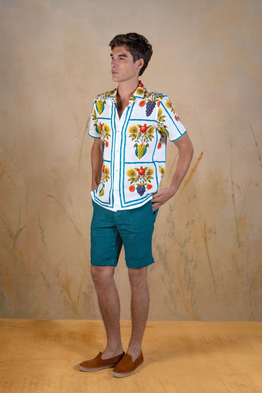 Men's Origo linen bowling shirt white - lateral