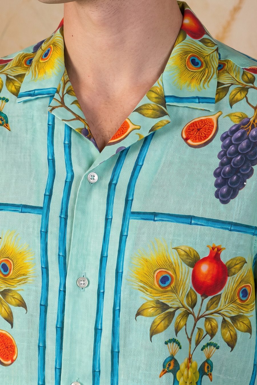 Men's Origo linen bowling shirt green - Detalle 1