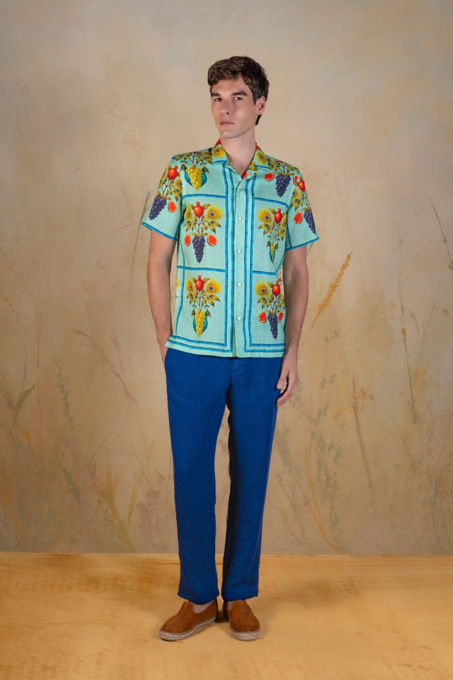Men's Origo linen bowling shirt green - frente