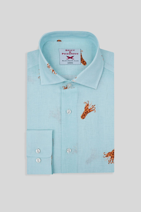 linen shirt with elongated octopuses turquoise