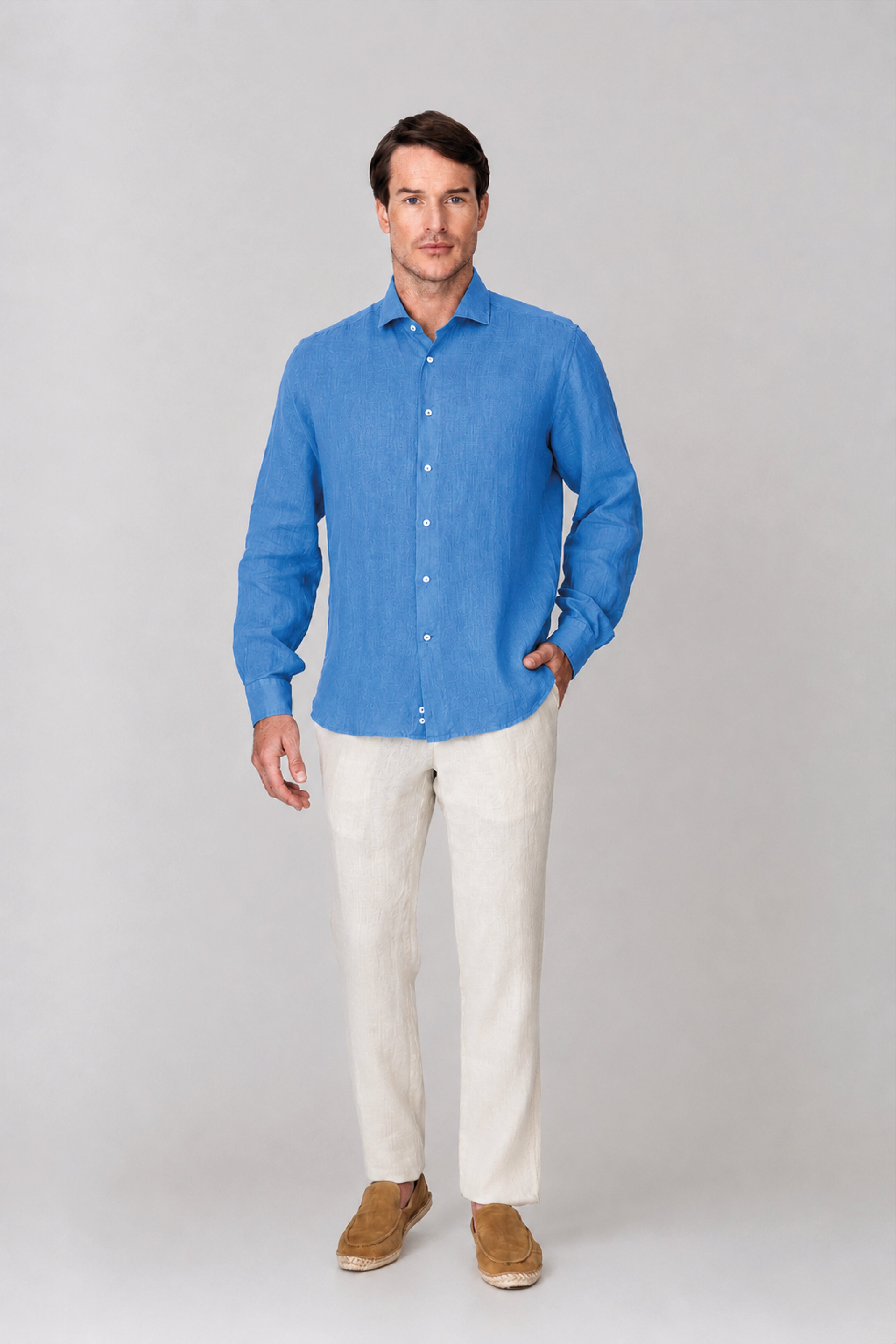 Camisa de lino para hombre azul eléctrico