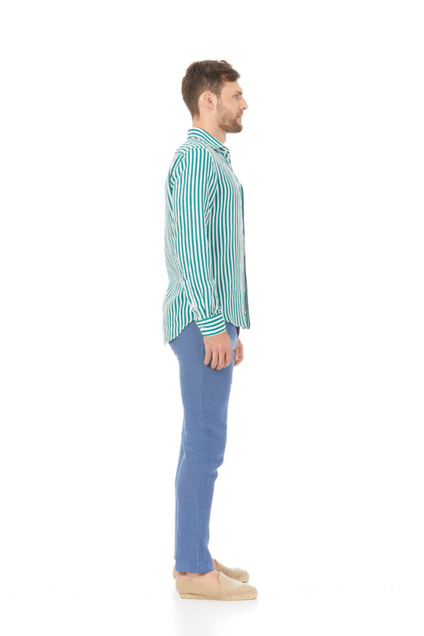 camisa de lino lorenzo rayas verde oscuro ml