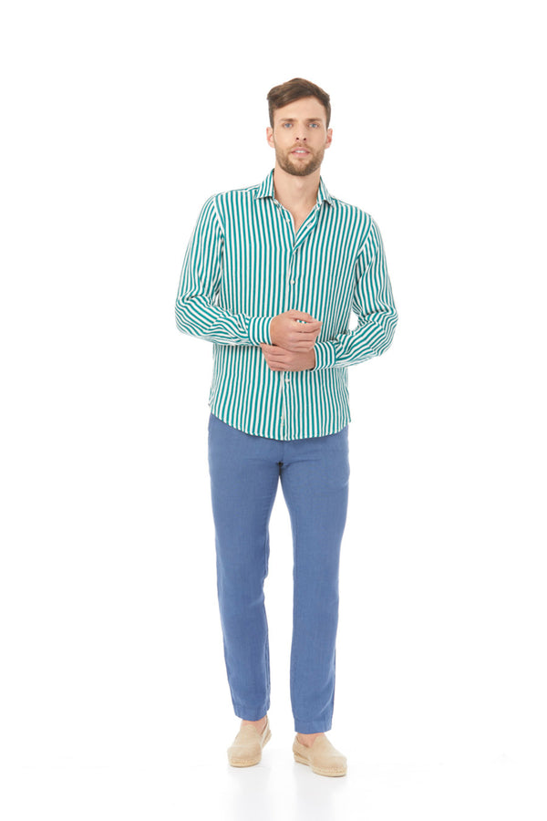 camisa de lino lorenzo rayas verde oscuro ml