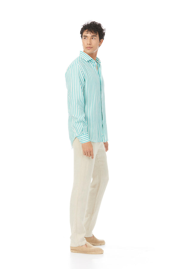 camisa de lino lorenzo rayas turquesa 