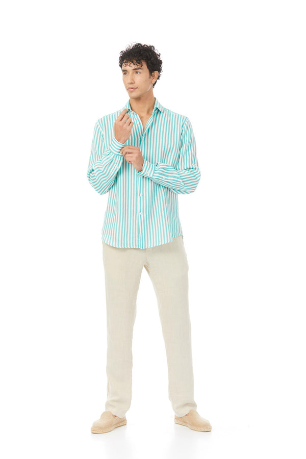 camisa de lino lorenzo rayas turquesa 