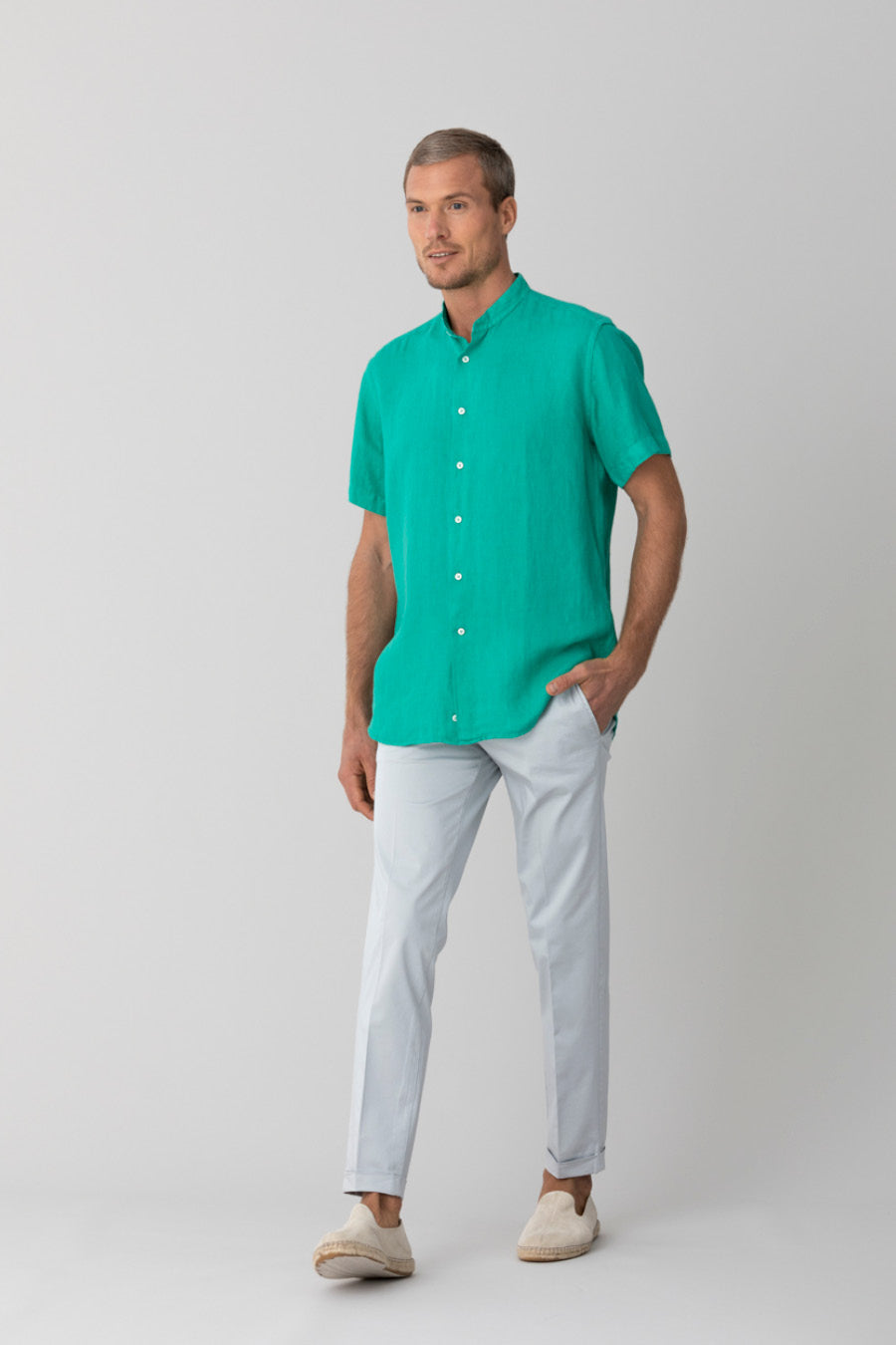 basic linen shirt mao collar green - soloio