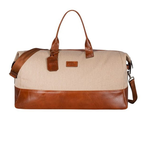 vintage beige leather and canvas briefcase