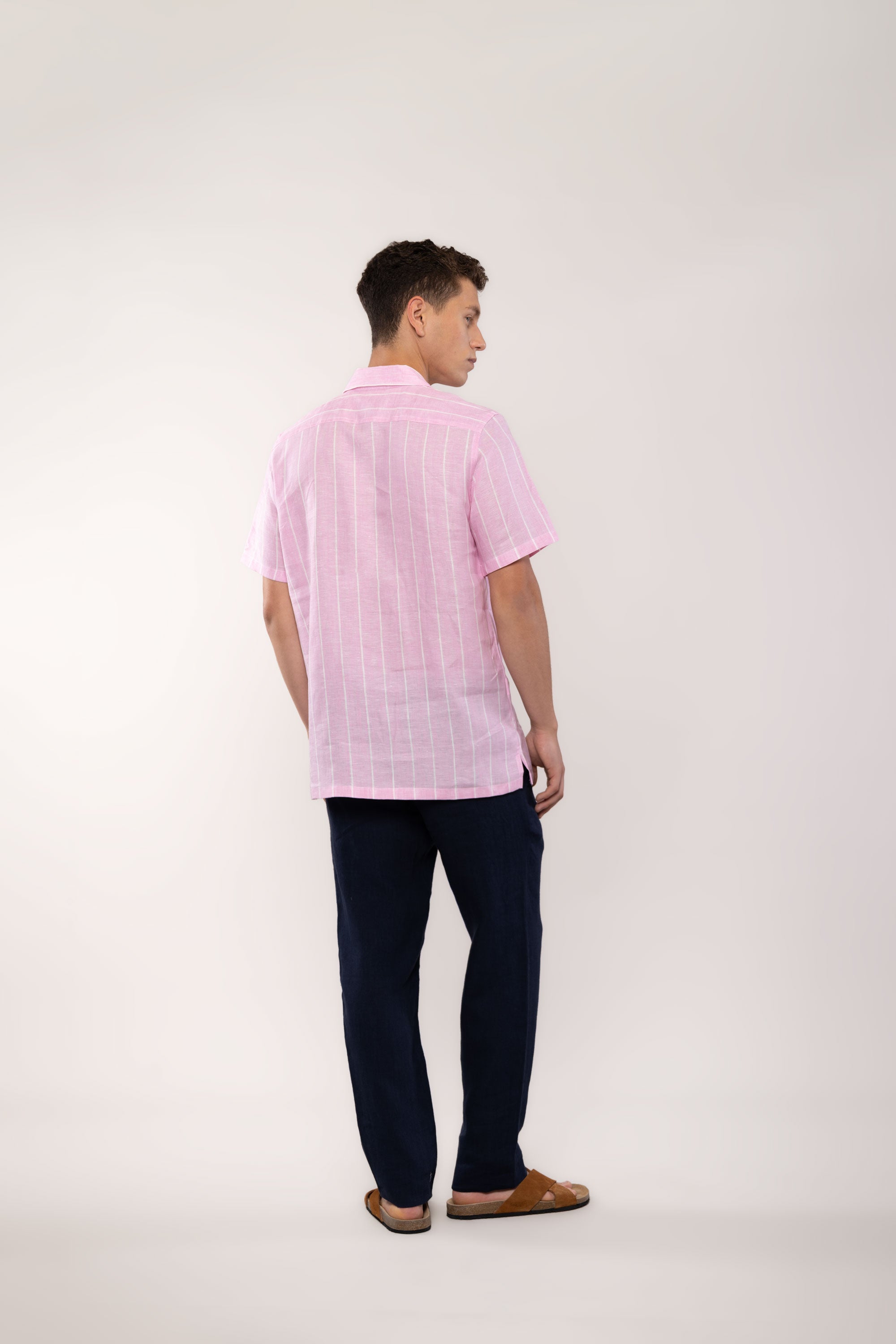 camisa lino lineas rosa