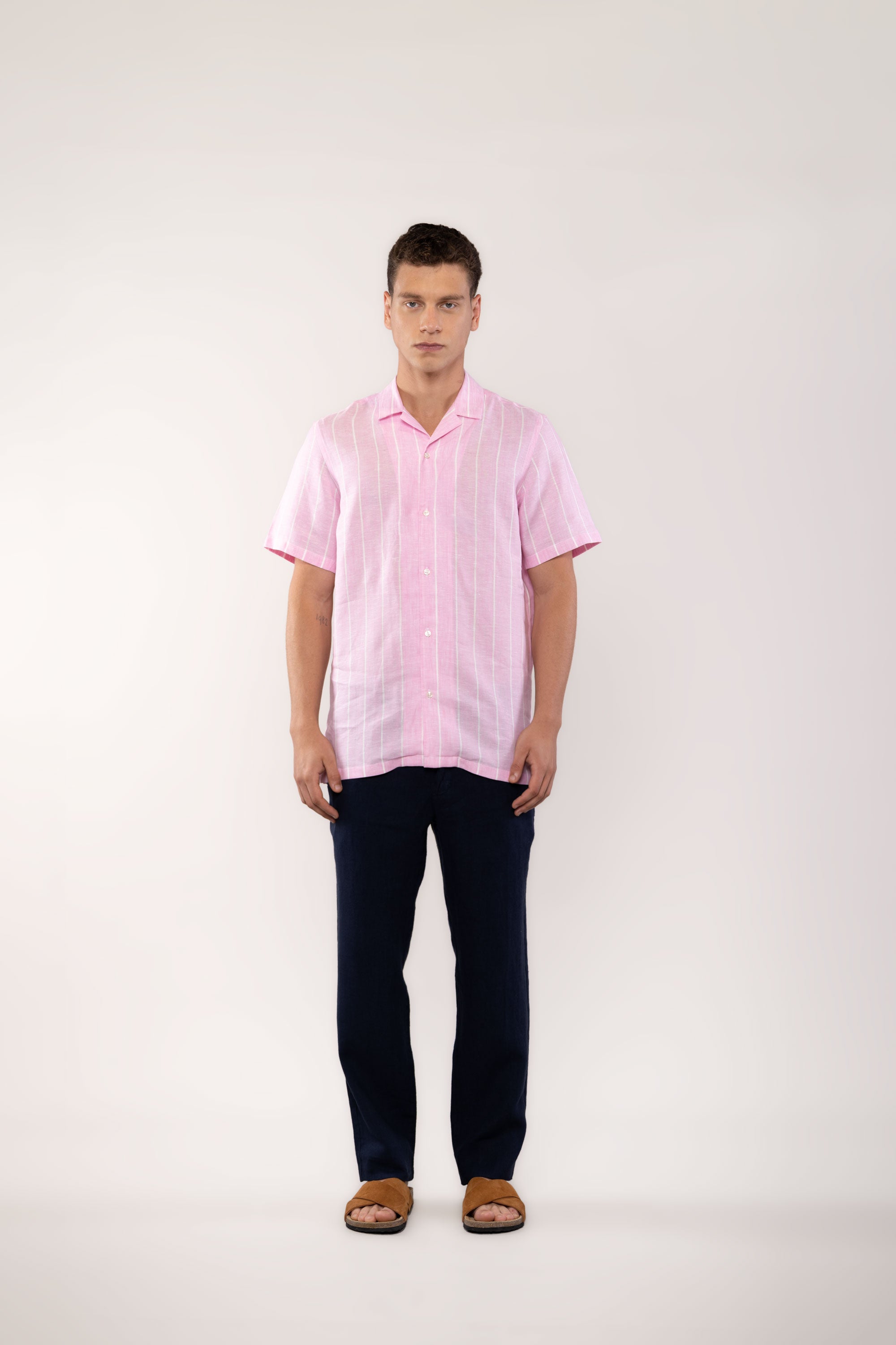 camisa lino lineas rosa