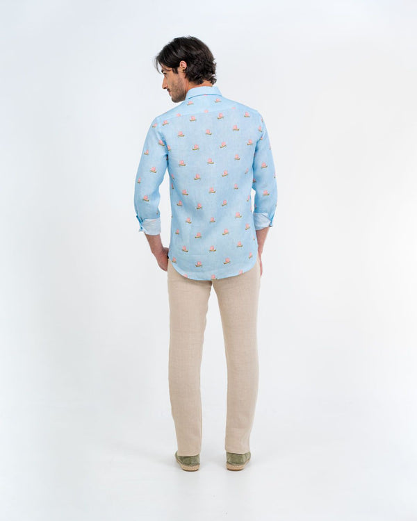 light blue viking boat shirt