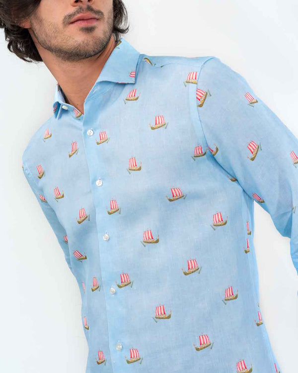 light blue viking boat shirt