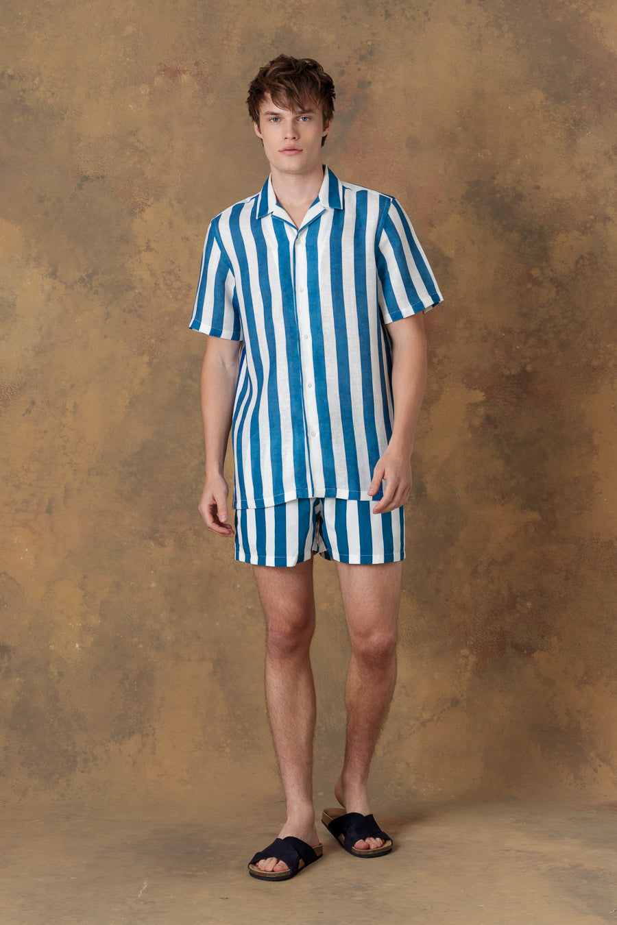 Camisa de lino bowling rayas azules para hombre nerida