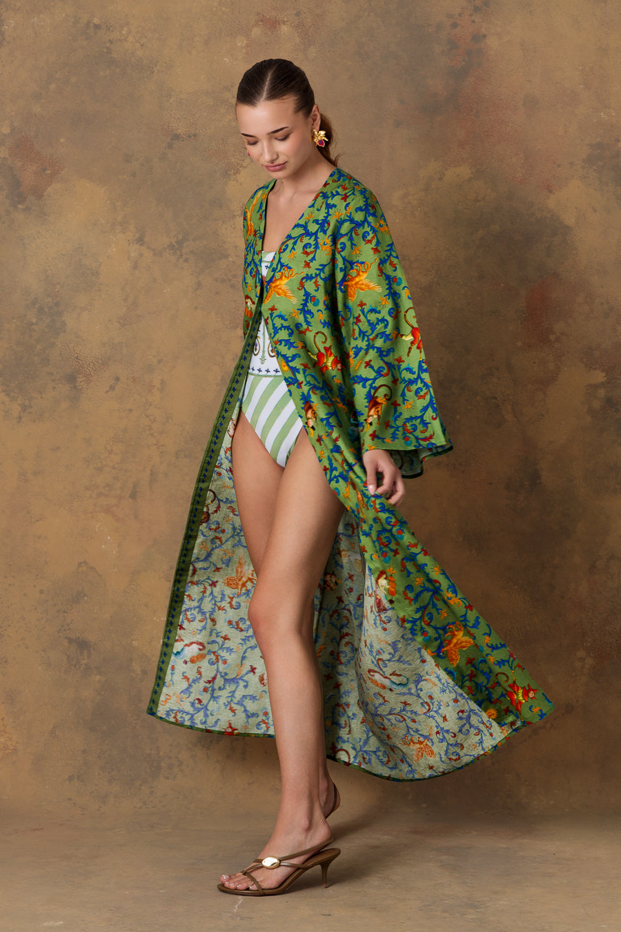 Kimono en lino verde para mujer delphos
