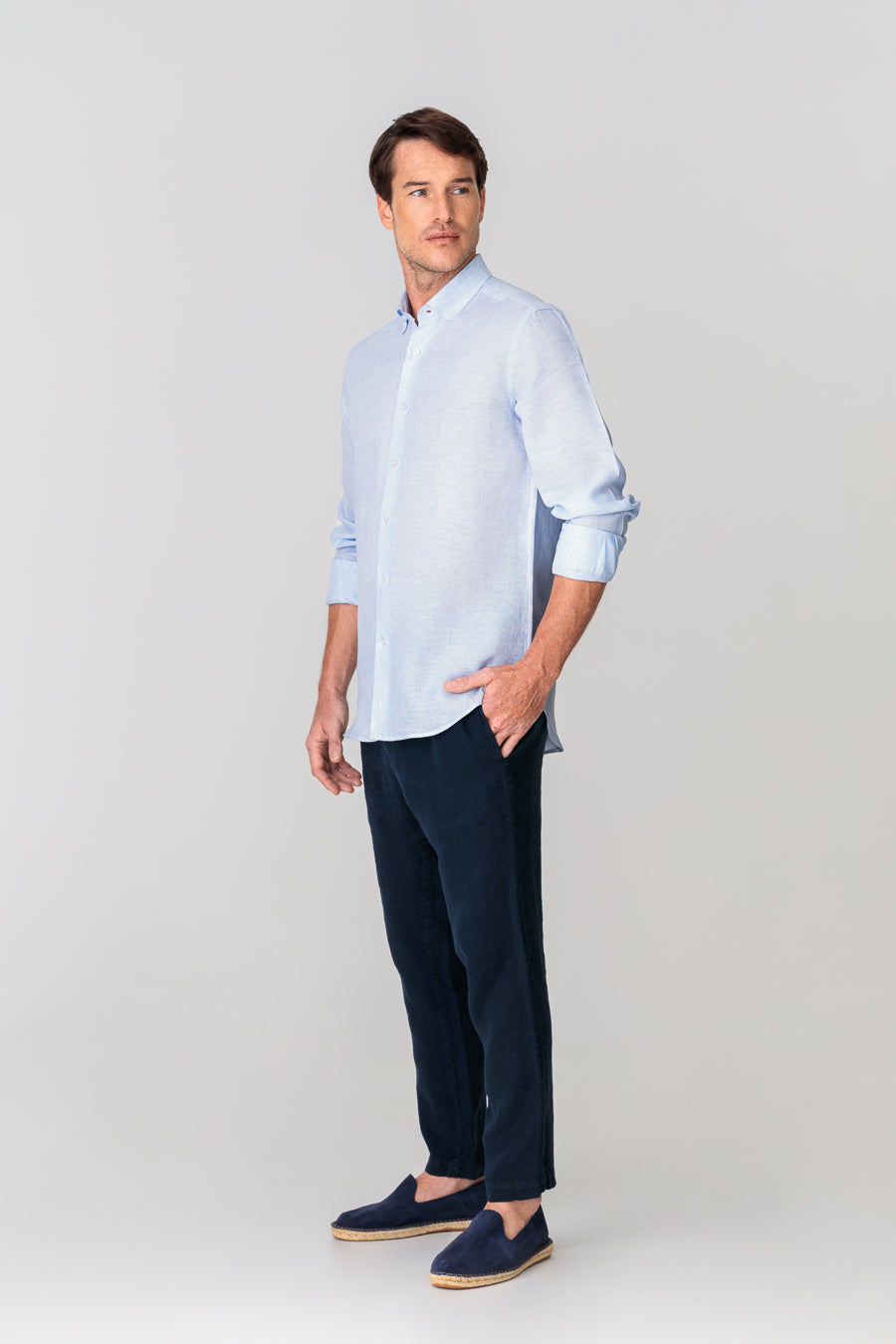 men’s linen shirt mini stripes blue