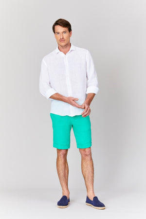 basic linen bermuda shorts light blue - soloio