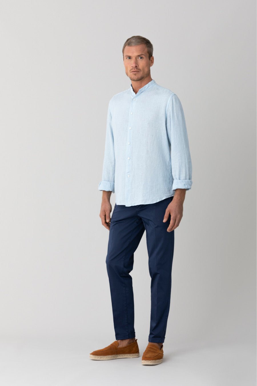 basic linen shirt mao collar sky blue - soloio