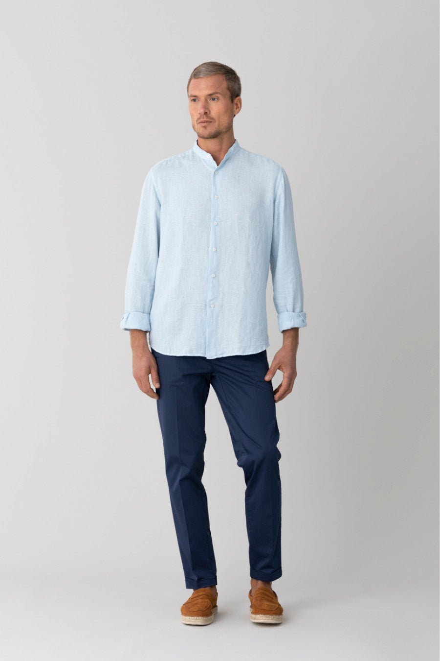 basic linen shirt mao collar sky blue - soloio