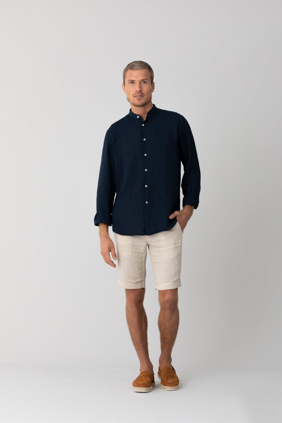 basic linen shirt mao navy - soloio