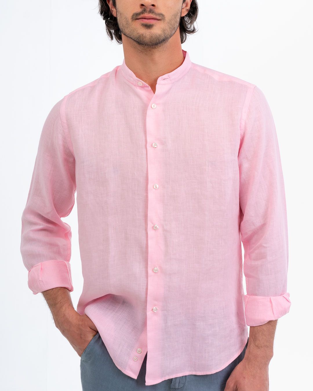 basic linen shirt mao pink - soloio