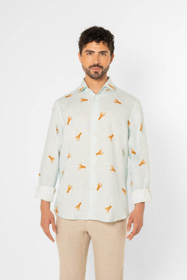 linen shirt with elongated octopuses turquoise - soloio