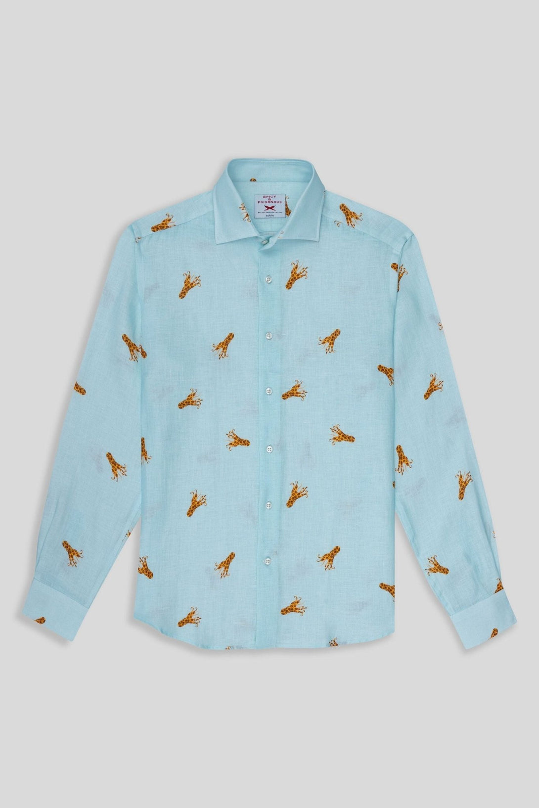 linen shirt with elongated octopuses turquoise - soloio